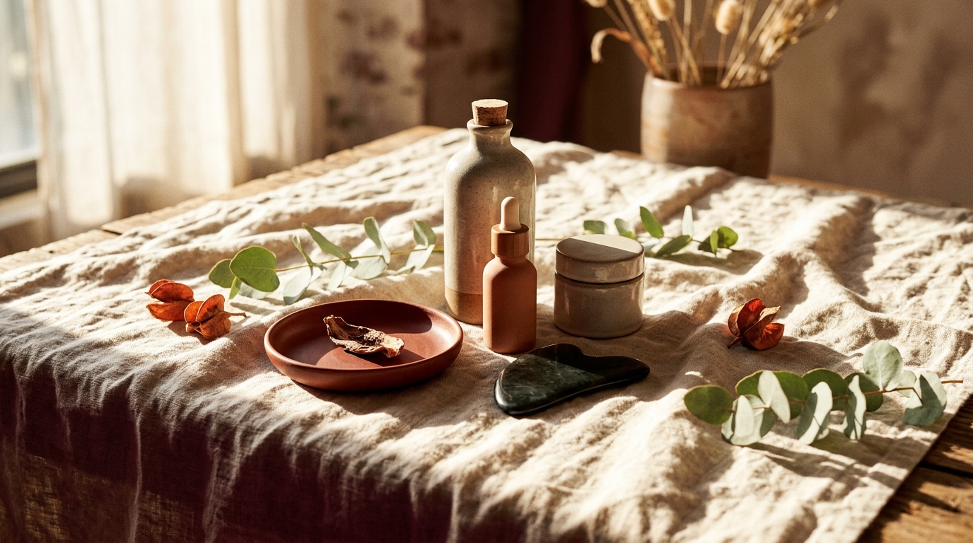 Sunlit skincare styling with gua sha stone and botanical oils at Sunny AfterGlo Esthetics